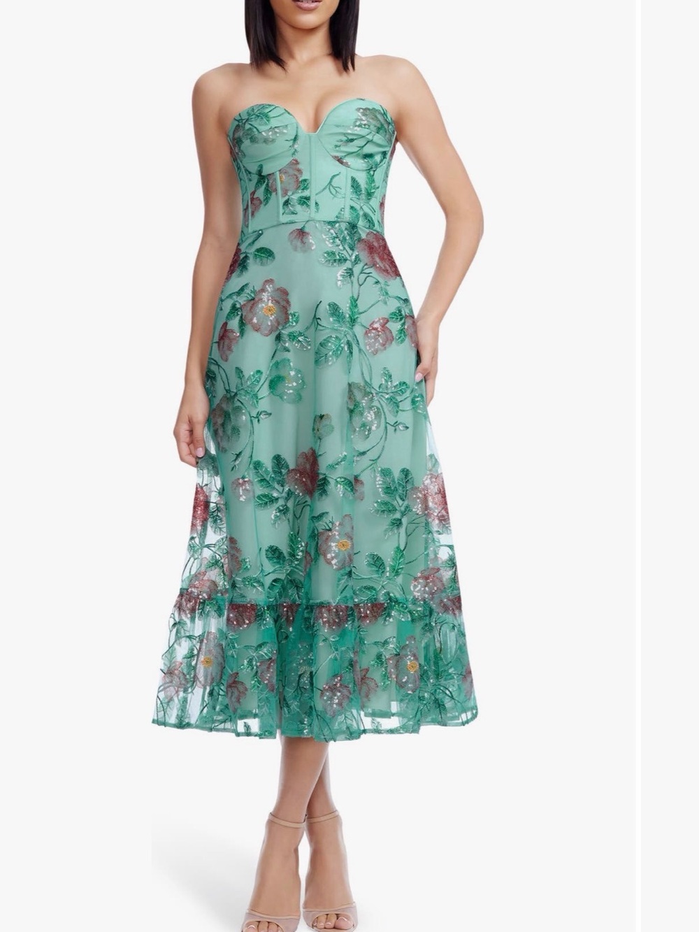 NWT - Dress the Population Carina Mint Strapless Floral Embroidered Midi Dress